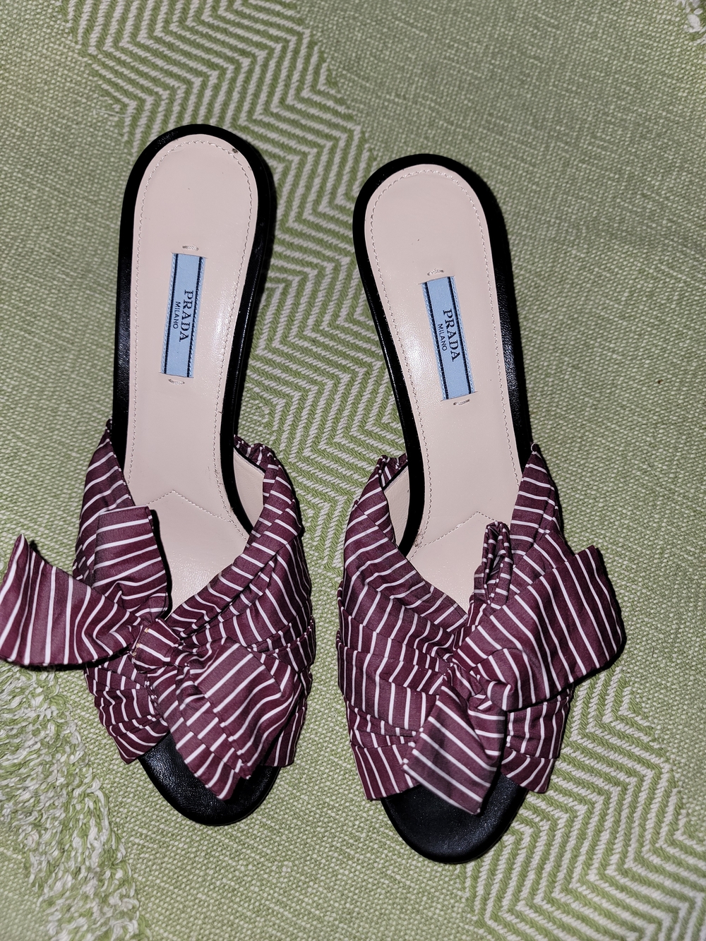 Prada Women’s Striped Bow Slide Sandals in Burgundy